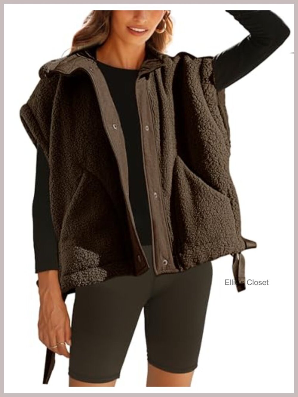 Oversized Fleece Sherpa Vest Sleeveless Button Down Funnel Neck